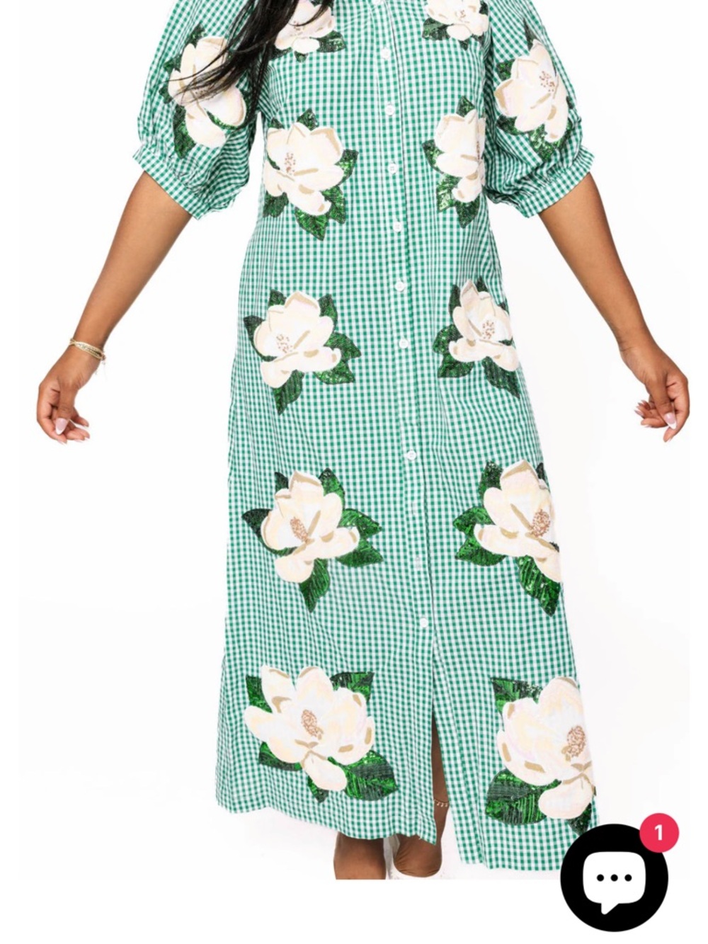 Green & White Gingham Magnolia Button Up Cotton Midi Dress